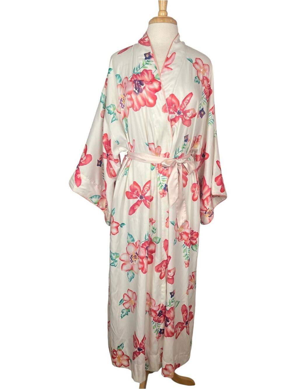 NATORI Classics Long Kimono Robe Floral White Pink Size Medium Romantic Feminine